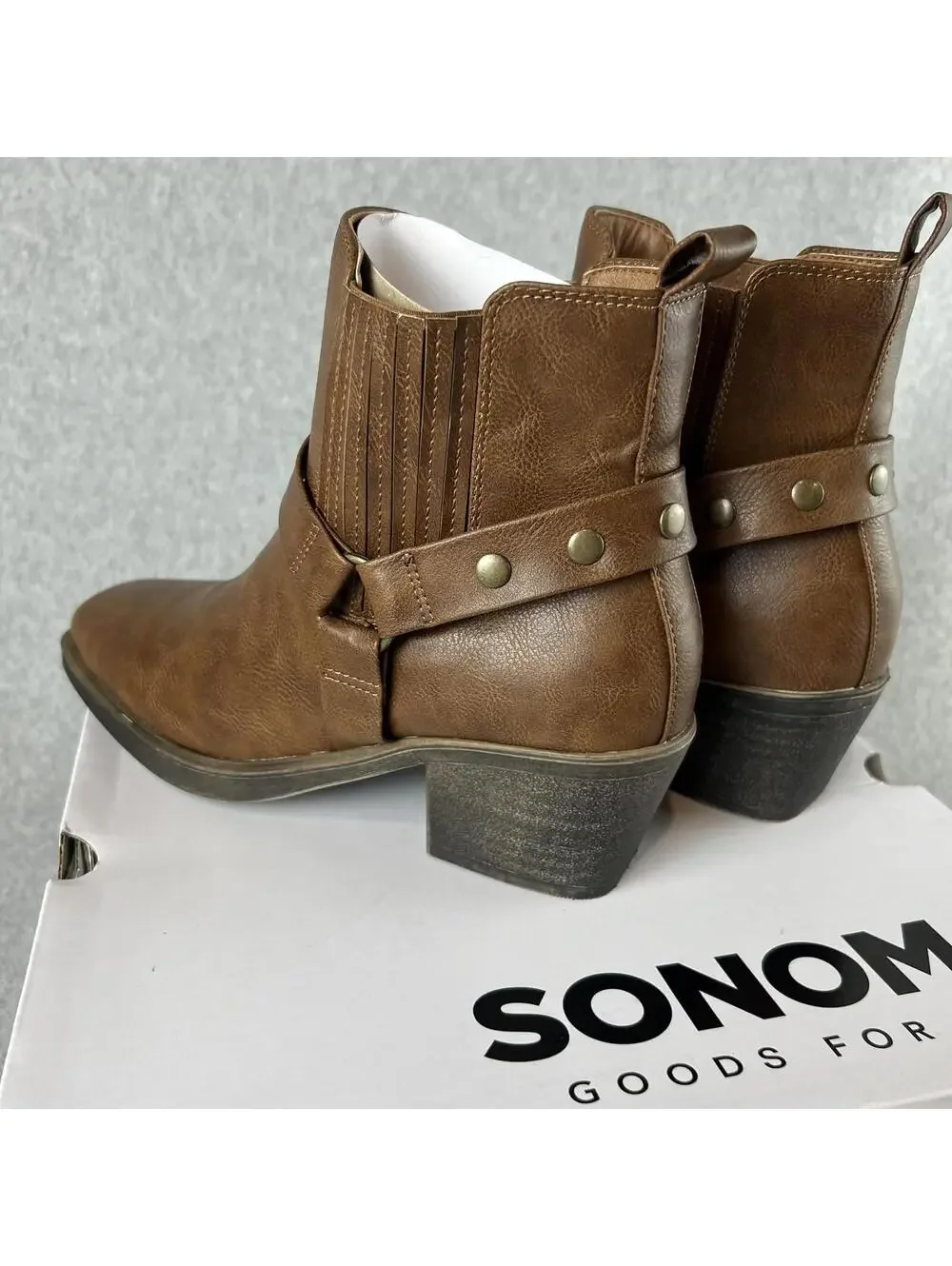 Sonoma Western Ankle Boots Womens Size 6.5 Block Heel Brown Faux Leather New